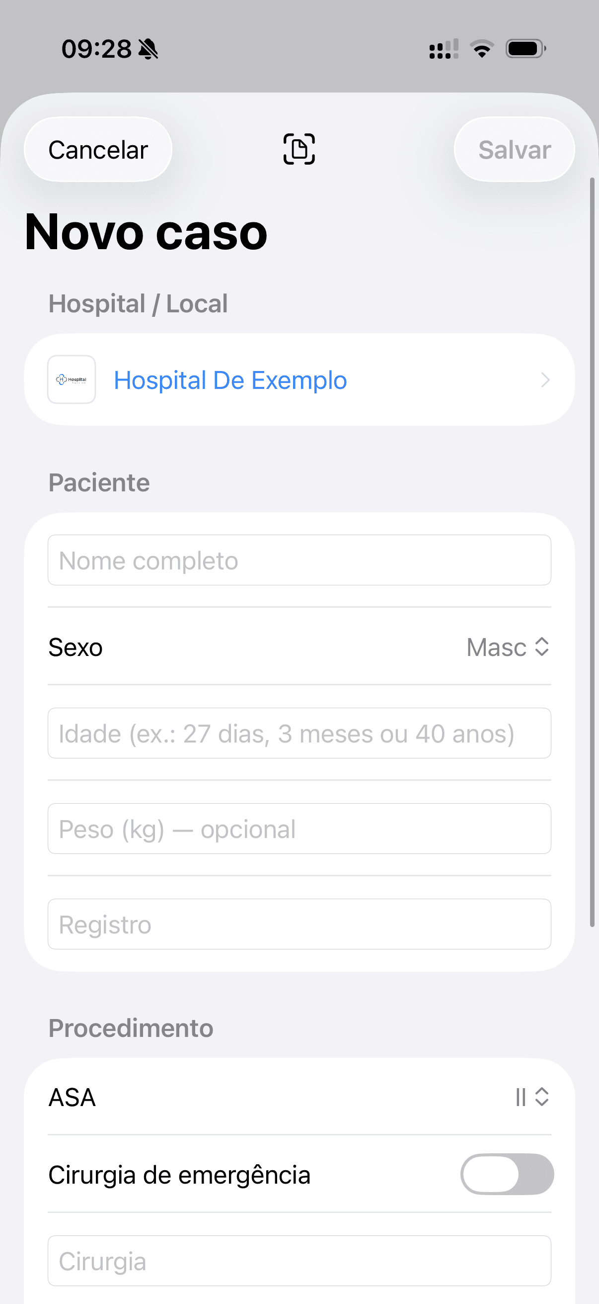 Criação de novo caso no Anest+