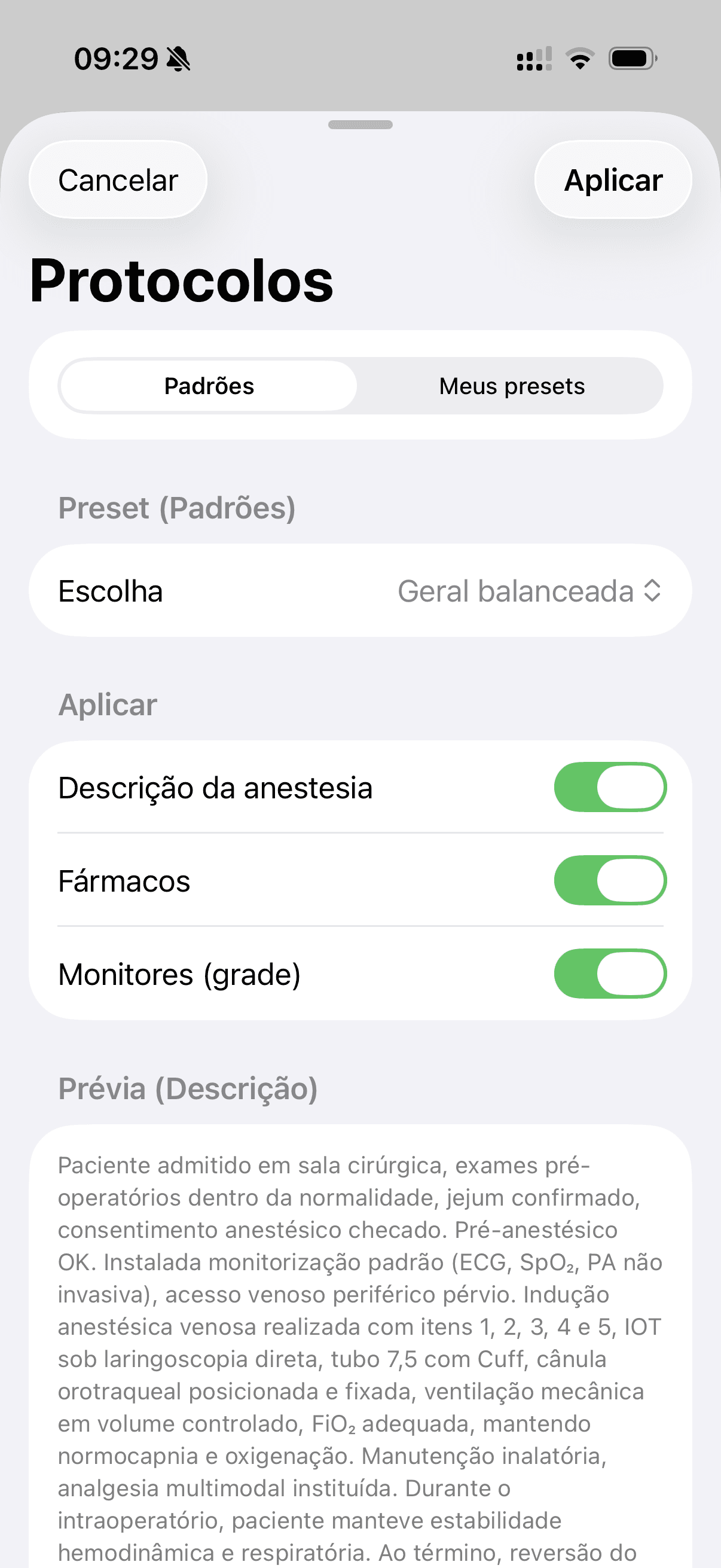 Tela de protocolos do Anest+
